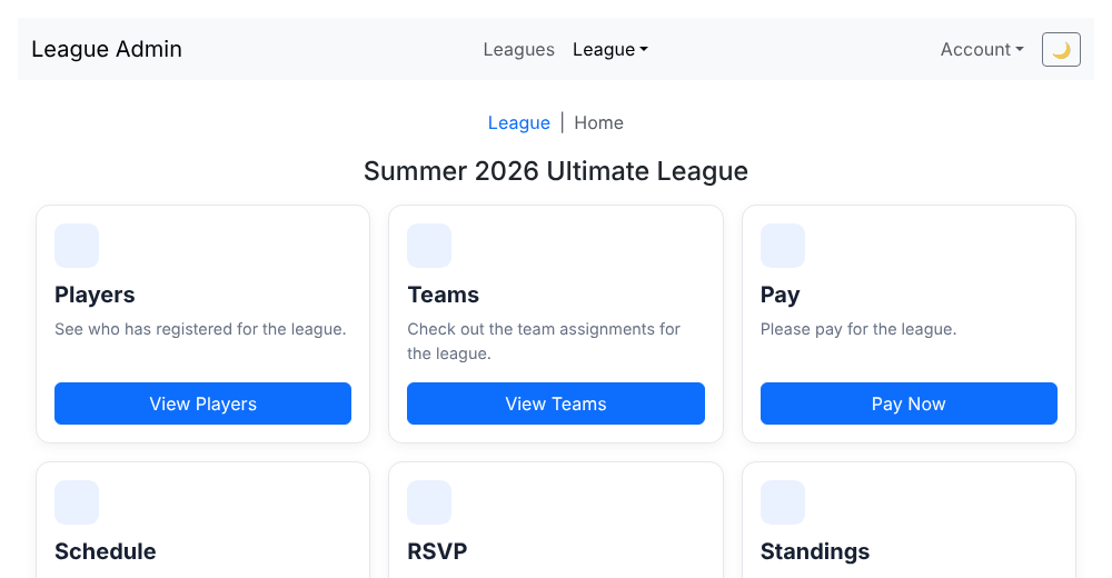 A league home page with tiles for Players, Teams, Pay, Schedule and Standings.