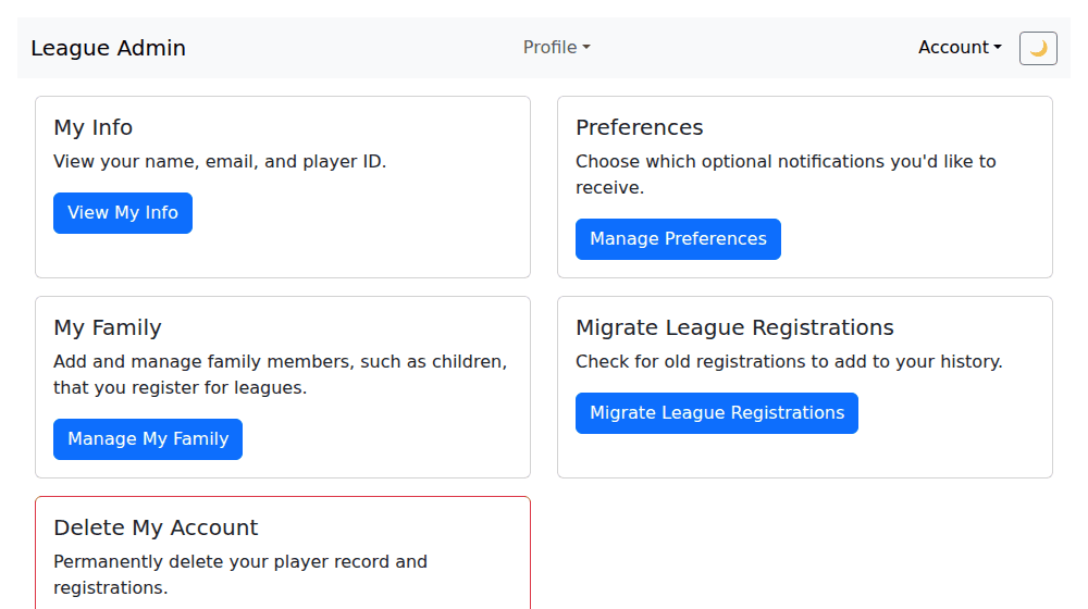 The Profile page with tiles for My Info, Preferences, My Family, Migrate League Registrations and Delete My Account.