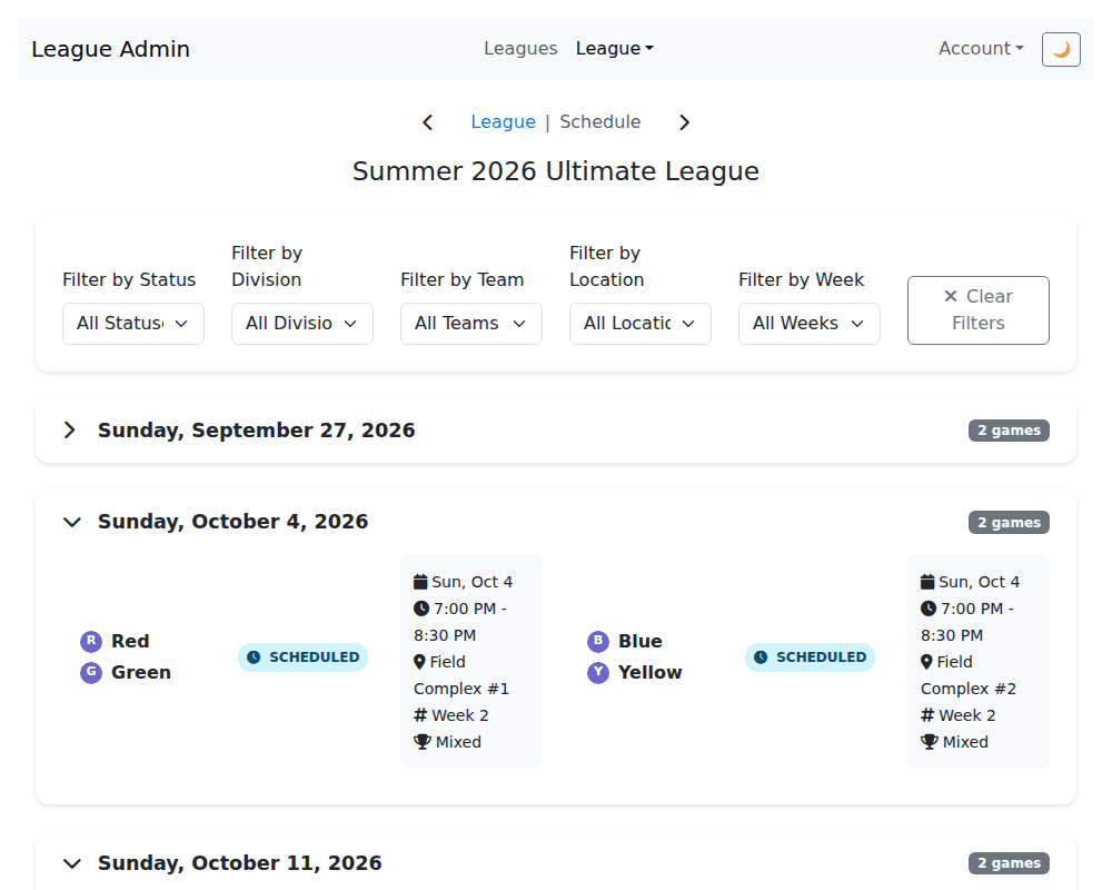 The schedule page with filters for status, division, team, location and week, and games grouped by date.